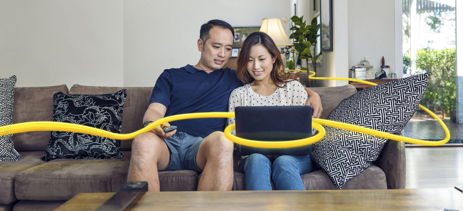 Couple on lounge with laptop