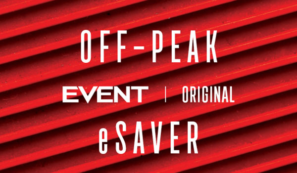 Esaver off peak promotional banner with red background and white text