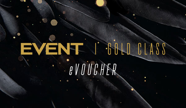 event evoucher for gold class promotional banner with black background and gold text
