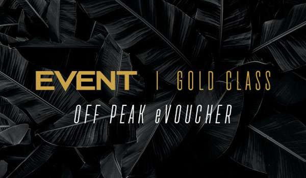event off peak promotional banner with black background and gold text